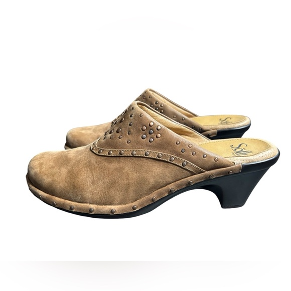 SOFFT women’s tan leather 10M slip on mules clog shows w heel NWOB - Picture 2 of 12